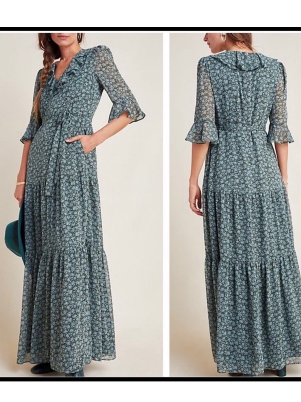 Gal Meets Glam Roberta Green Floral Tiered Maxi Dress